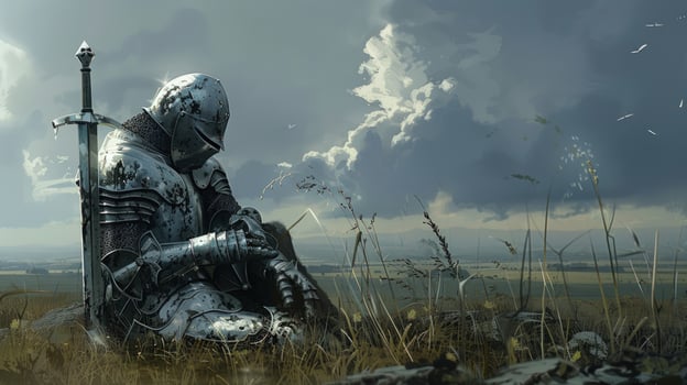 Knight resting in field illustration with sword and cloudy sky background photo