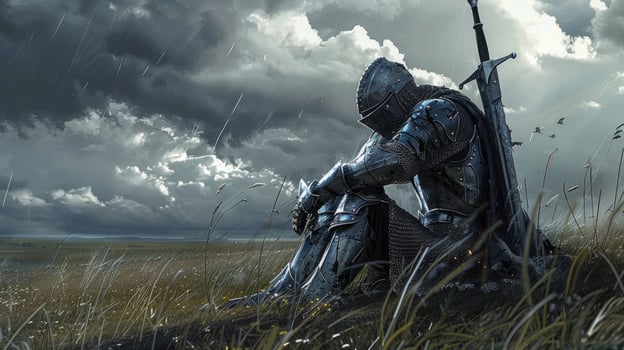 Armored figure with sword sitting in field under stormy sky landscape photo