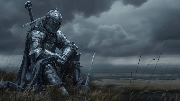 Knight in armor on grassy hill under cloudy sky photo