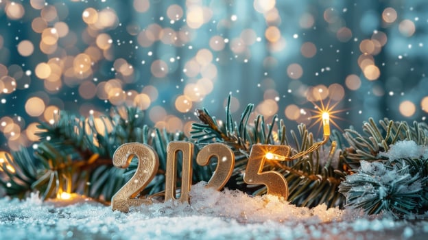 Festive gold numbers on snowy pine branches with bokeh lights winter holiday background photo