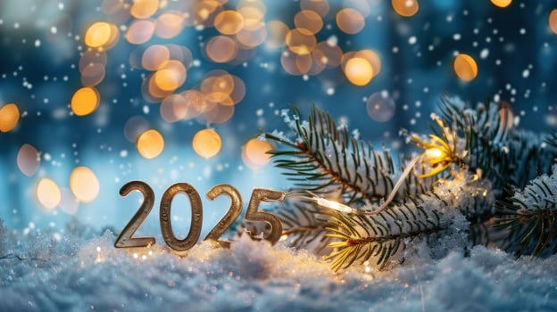 Year 2025 winter holiday celebration with bokeh lights and snowy evergreen branches photo