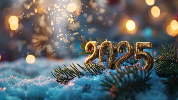 Golden 2025 numerals amidst snow and pine branches festive celebration photo