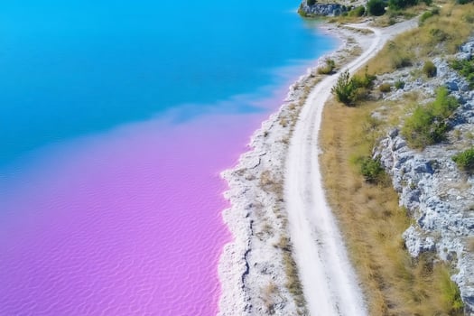 Pink lake aerial view, coastal path, summer photo