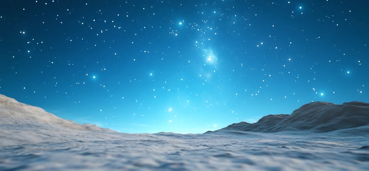 Starry night, snowy landscape, mountains. Background use fantasy, scifi photo