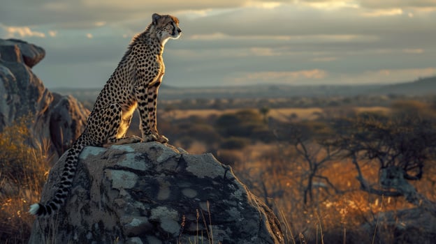 Cheetah sits on rock overlooking african savanna at sunset wildlife landscape photo