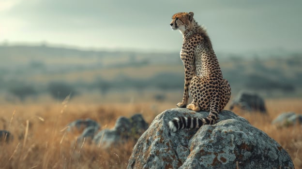 Cheetah on rock outcrop in african savanna wildlife and natural landscape photo