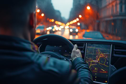A man driving a car on a rainy night photo