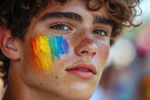 A young man with rainbow painted on his face photo