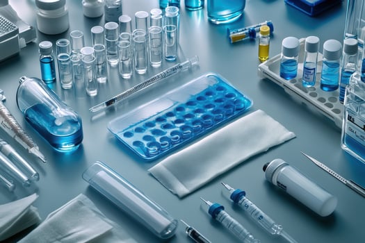 A laboratory table with various medical supplies photo