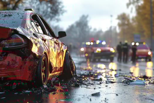 A red car is damaged after a crash photo