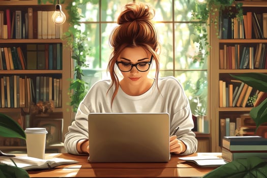 A woman in glasses is working on a laptop in front of a bookcase photo