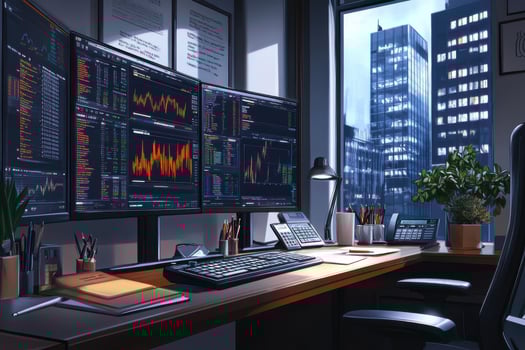 A desk with three monitors and a keyboard photo