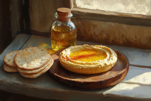 A painting of a bowl of hummus and bread photo
