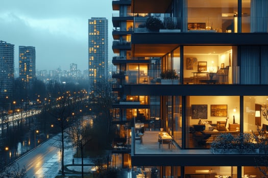 Modern apartment building with windows lit up at night photo