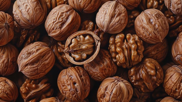 Walnut harvest close up heap of whole and halved nuts in natural brown tones photo