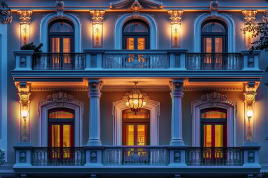 A beautiful old building with lights on the windows photo