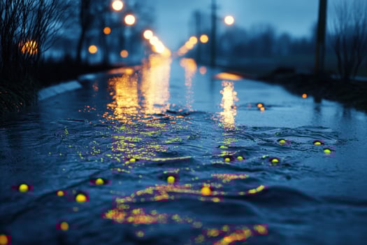 A wet street with lights on it photo