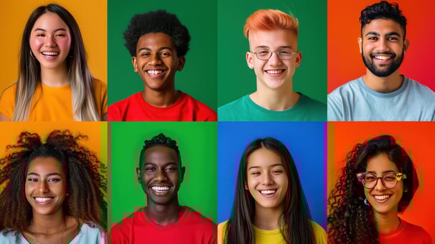 Diverse smiling young adults posing in a group portrait with colorful backgrounds photo