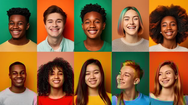 Diverse group of smiling young adults expressing happiness and unity photo
