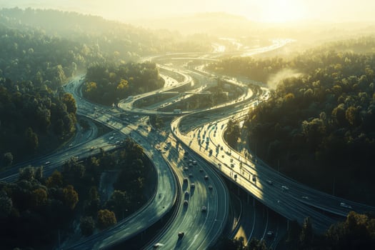 An aerial view of a highway with many cars photo