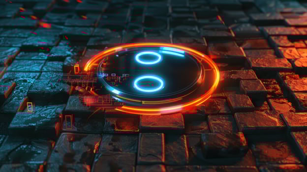 Abstract technology circle with neon glow on textured surface photo