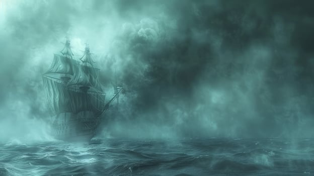 Tall ship navigating stormy seas under foggy skies photo