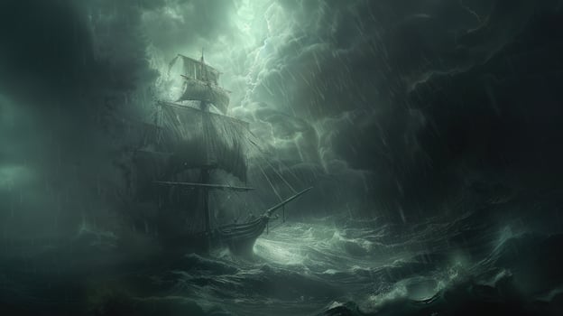 Sailing ship at sea during stormy weather with dramatic clouds and waves photo