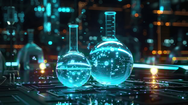 Laboratory beakers on circuit board digital science and technology concept photo
