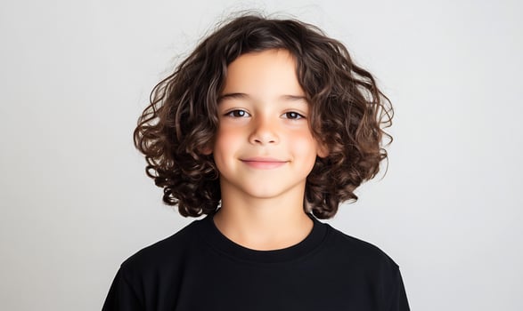 Boy, curly hair, portrait, studio, background, childhood, website photo