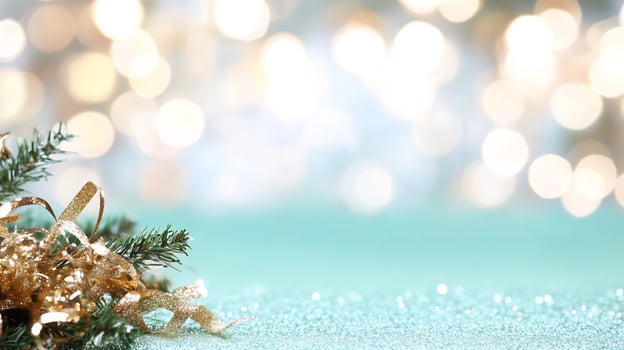 Festive gold ribbon and pine on teal glitter photo