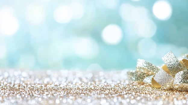 Festive silver bow on glitter, bokeh background holiday card photo