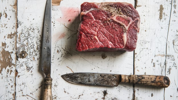 Fresh beef cut with antique knives on weathered wood surface preparation photo