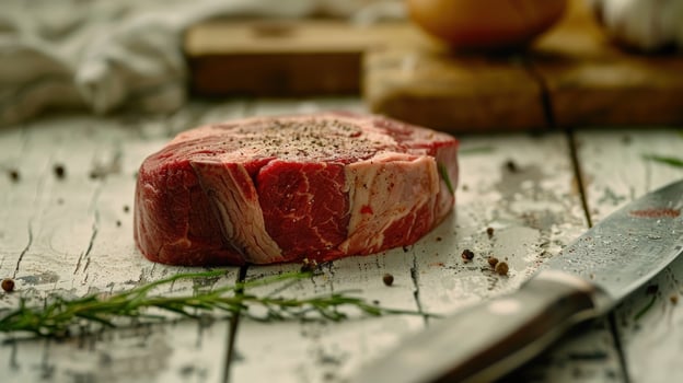 Fresh raw beef steak with pepper and herbs on rustic wood table photo