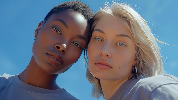 Diverse women united under blue sky portraits of friendship and beauty photo