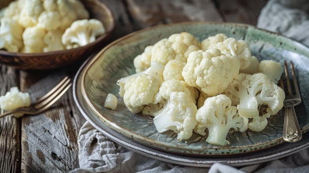 Cauliflower florets on rustic table ready for cooking photo