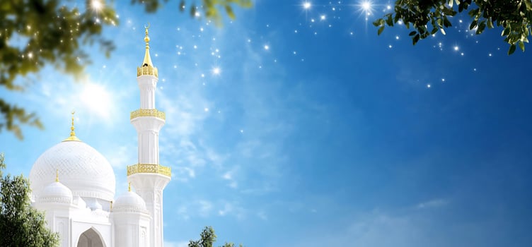 Mosque under sunny sky, leaves, greeting card photo