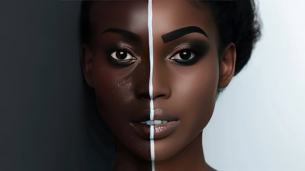 Striking portrait of a woman with contrasting backgrounds and bold makeup photo