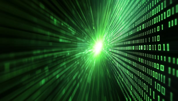 Green digital data stream tunnel, glowing light photo