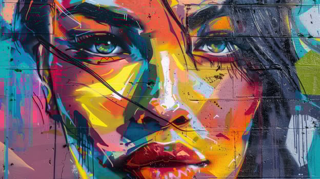 Vibrant urban art graffiti portrait on brick wall background photo