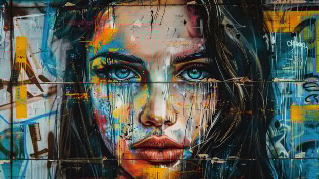 Abstract woman portrait painting on graffiti wall creative expression photo