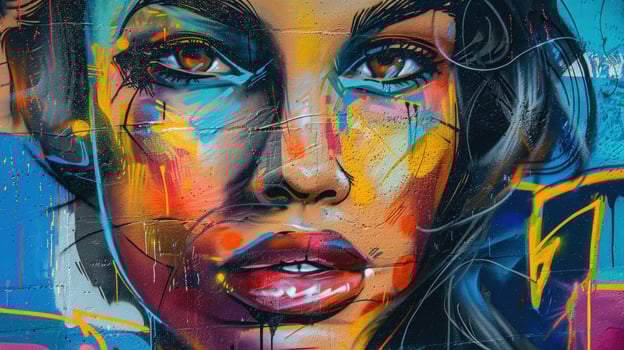 Painted graffiti style portrait on textured brick wall multicolored urban art photo