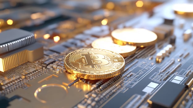 Bitcoin on circuit board, finance, technology photo