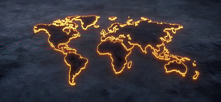 Glowing world map, dark background, global concept photo