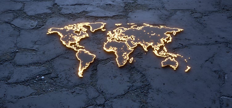 Glowing world map on cracked surface. Global connectivity concept photo