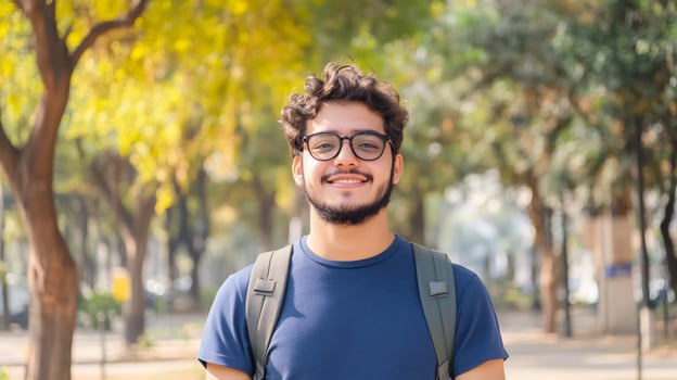 Smiling student outdoors, park background, education photo