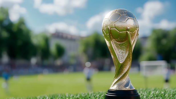 Golden trophy on soccer field, victory celebration photo