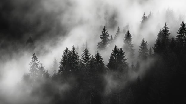 Misty forest landscape of evergreen trees in dense fog monochrome photo