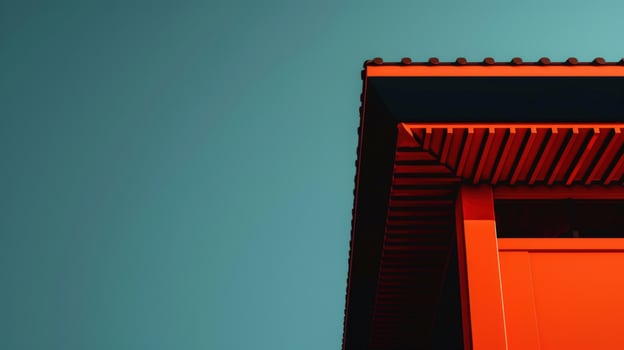 Angular building corner vivid orange facade against blue sky minimalist architecture photo