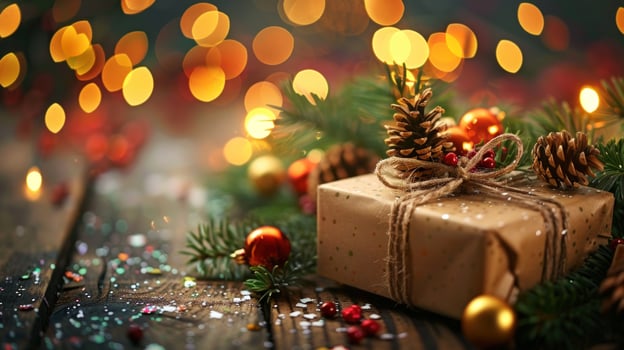 Festive wrapped gift with pinecones on wooden table with bokeh lights background photo