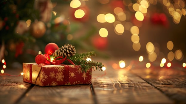 Festive gift with holiday decorations on wooden surface and bokeh lights photo